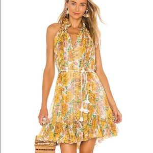 Zimmermann Yellow Floral Halter Mini Dress with White Tie